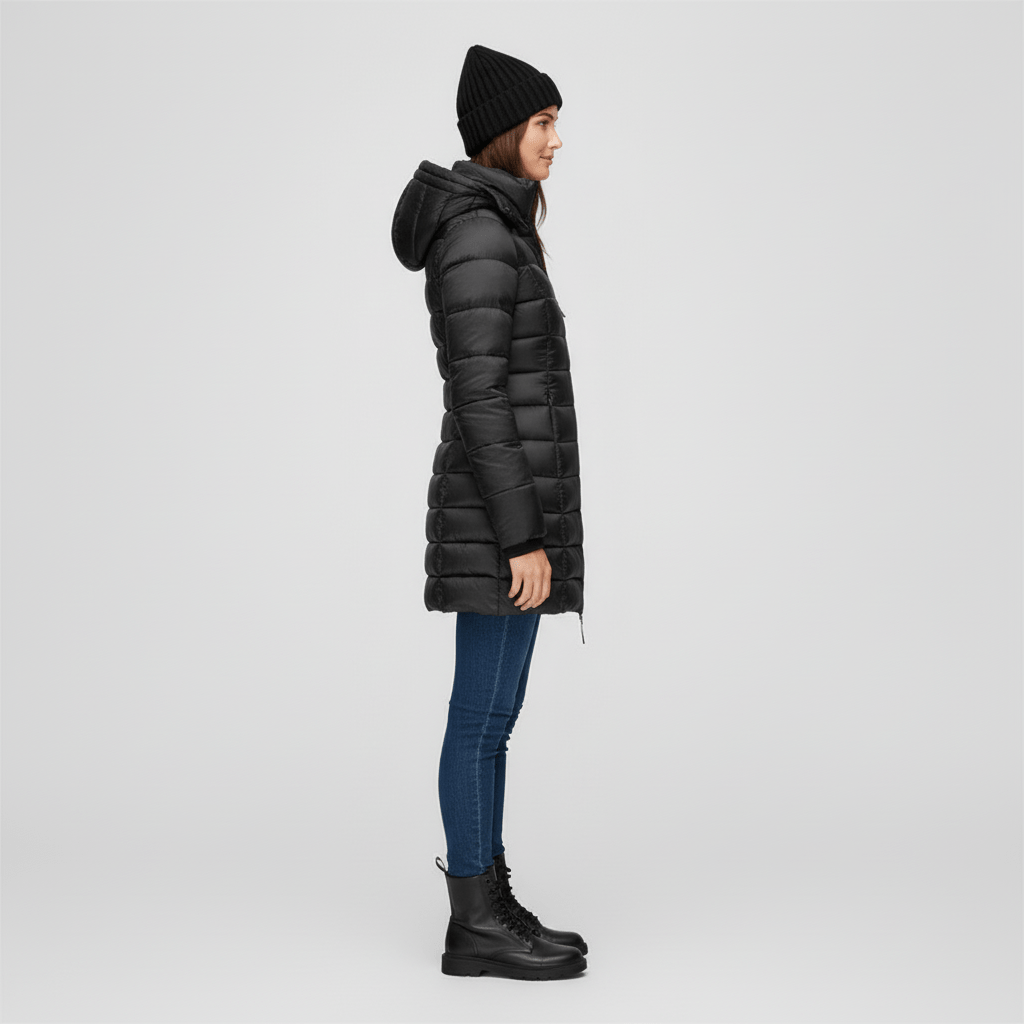 Figursydd damvinterjacka Sofia med varm huva. Elegant parkas, perfekt för blåsiga & kalla dagar.