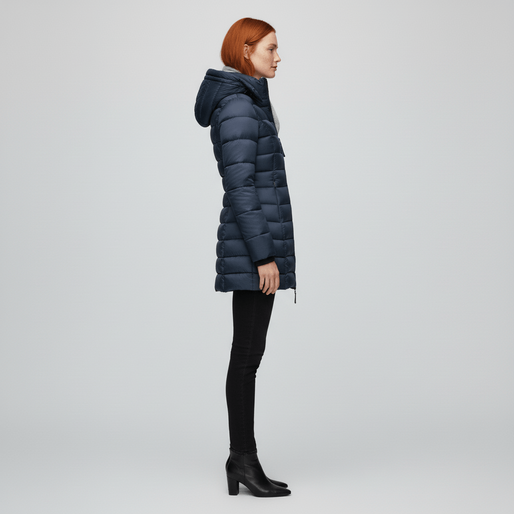Baksida av figursydd damvinterjacka Sofia. Elegant parkas med stilren design & varmt foder.