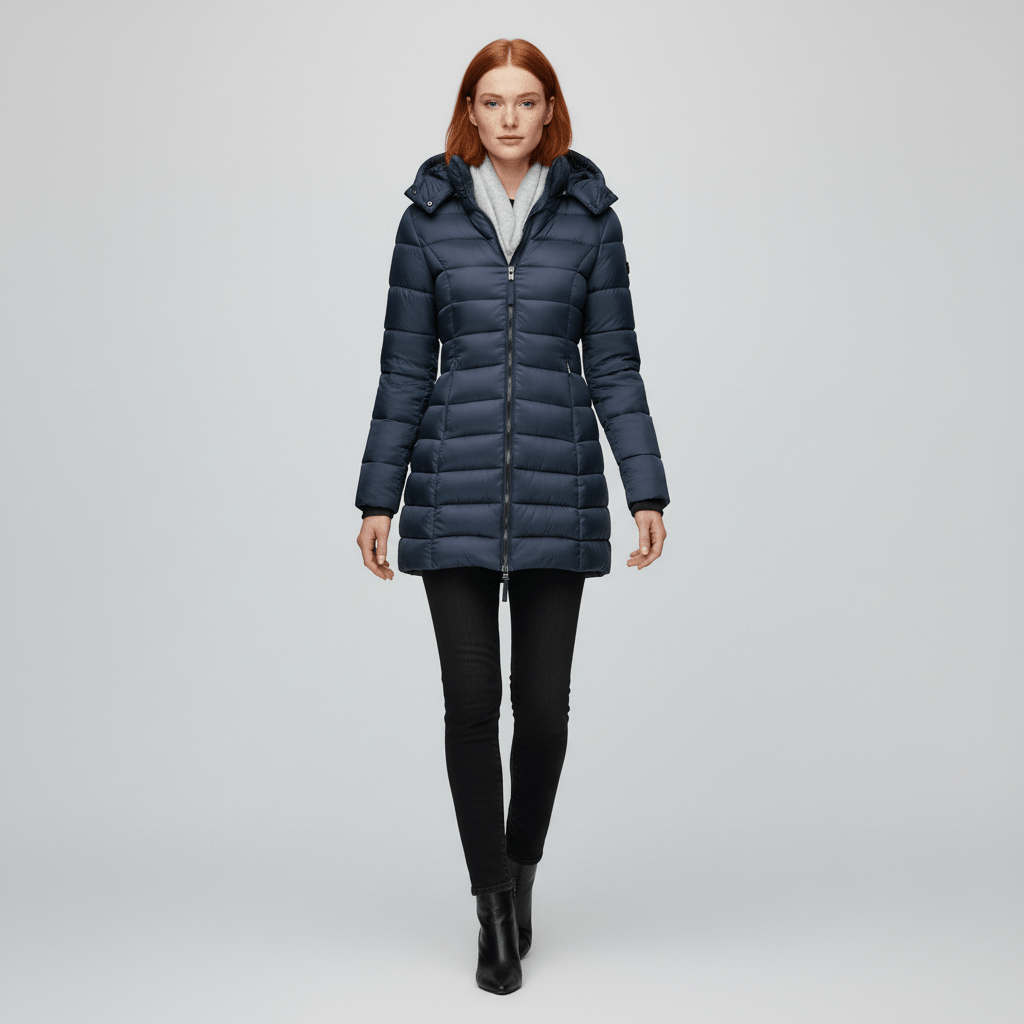 Framsida av elegant figursydd damvinterjacka Sofia. Varm parkas med huva, perfekt ytterplagg.