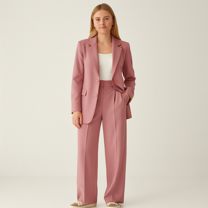 Figursydd tvådelad damkostym i elegant design med blazer och vida byxor, perfekt för kontor och fest.
