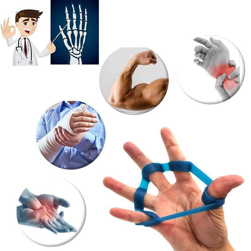 Fingerband av silikon i blå nyanser, ergonomiskt designad för träning och rehabilitering av händer och underarmar.