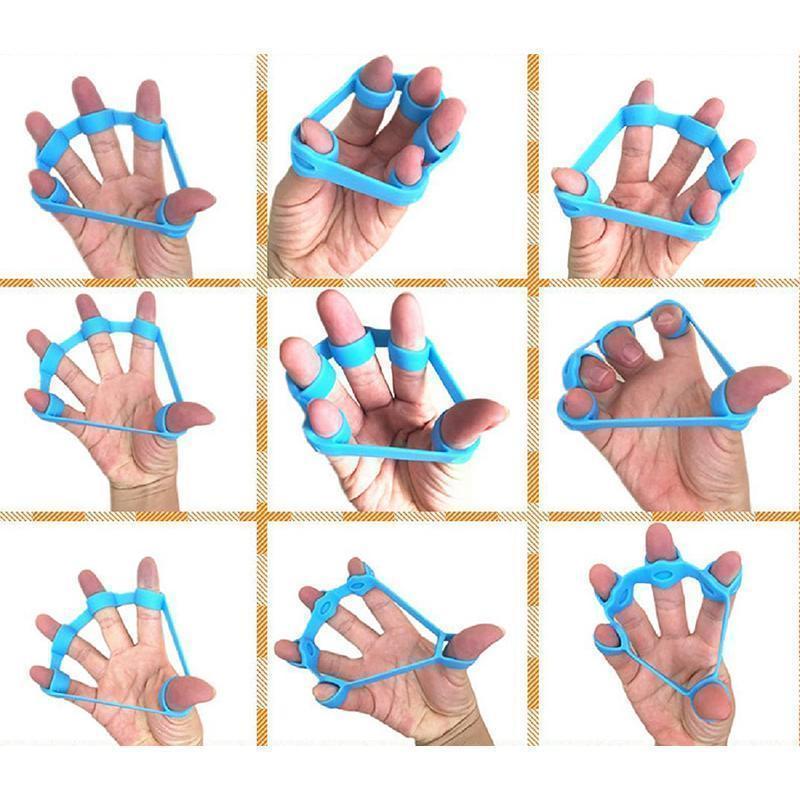 Fingerband av silikon i blå nyanser, ergonomiskt designad för träning och rehabilitering av händer och underarmar.