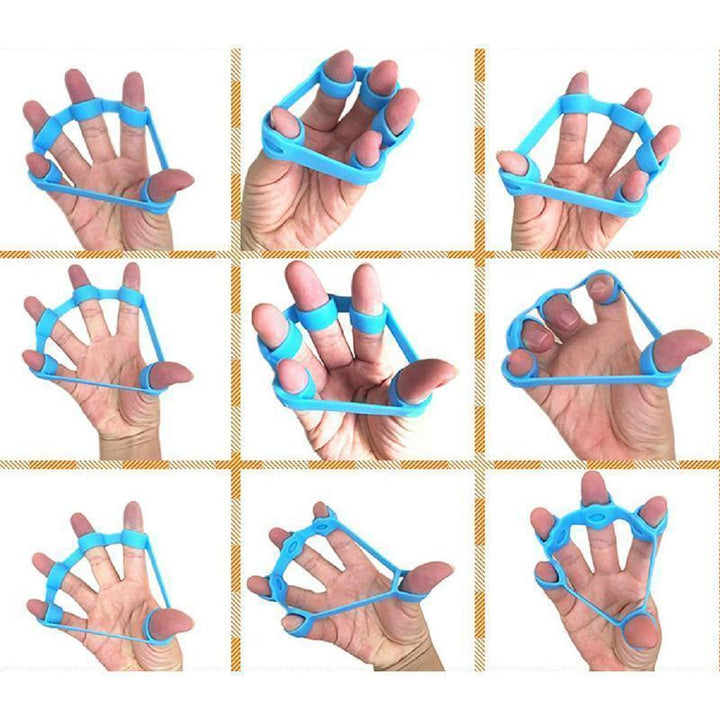 Fingerband av silikon i blå nyanser, ergonomiskt designad för träning och rehabilitering av händer och underarmar.