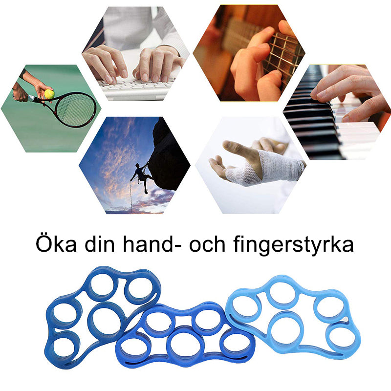 Fingerband av silikon i blå nyanser, ergonomiskt designad för träning och rehabilitering av händer och underarmar.