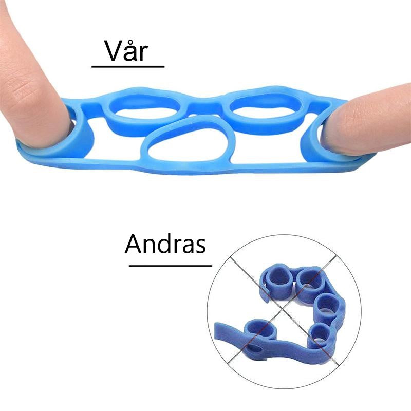 Fingerband av silikon i blå nyanser, ergonomiskt designad för träning och rehabilitering av händer och underarmar.