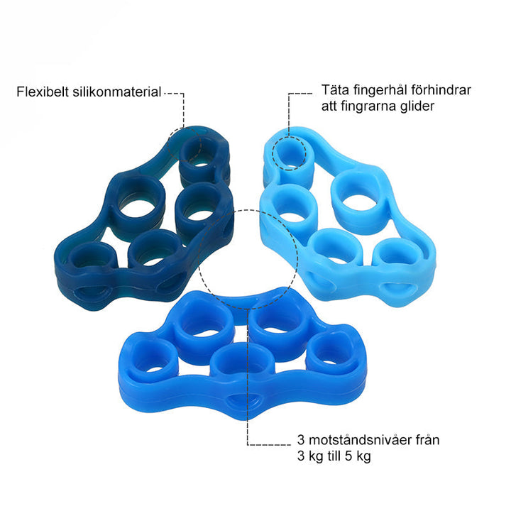 Fingerband av silikon i blå nyanser, ergonomiskt designad för träning och rehabilitering av händer och underarmar.