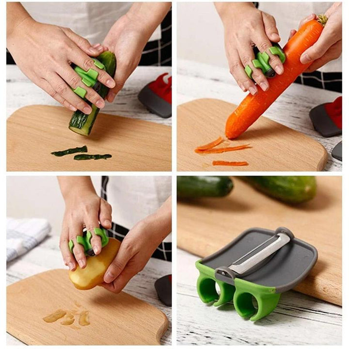 "Fingerskalare i grön och orange, ergonomisk design, kökspryl för säker och enkel hantering av frukt och grönsaker."
