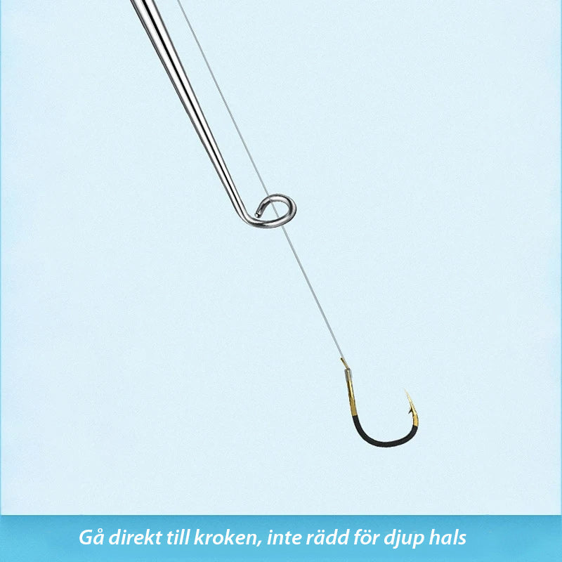 "Fiskekrokborttagare i rostfritt stål och aluminium, kompakt design, säkert och effektivt verktyg för fisketur."