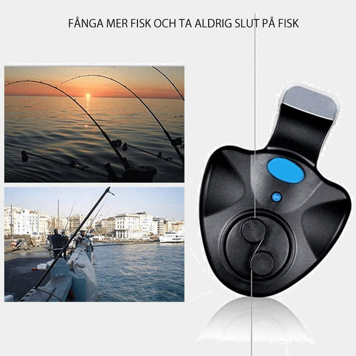 "Fiskeredskap med LED-larm för nattfiske, svart cylindrisk enhet med lysdiod som upptäcker fiskhugg även i mörker."