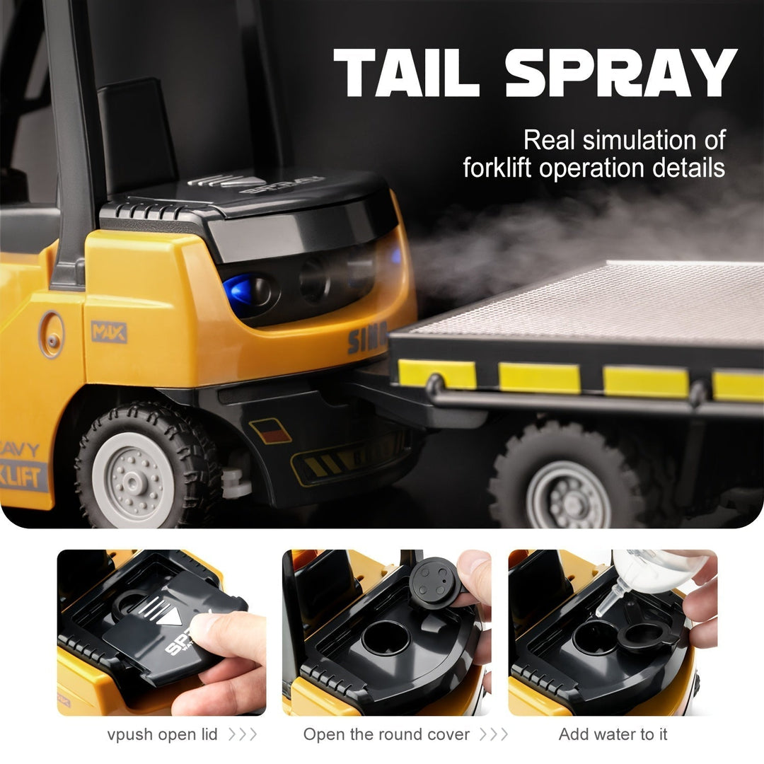 Radiostyrd gaffeltruck 1:24 för barn med starka ljus och avtagbart släp. Perfekt för rollspel.
