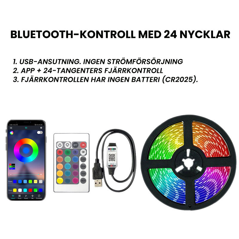 "Fjärrstyrd LED-ljusremsa för hem och trädgård, mångsidig belysning, enkel installation, stämningsfull inomhus och utomhus."