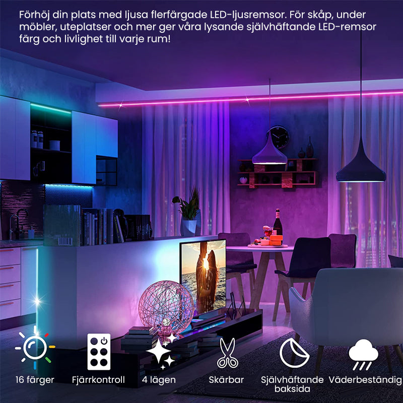 "Fjärrstyrd LED-ljusremsa för hem och trädgård, mångsidig belysning, enkel installation, stämningsfull inomhus och utomhus."