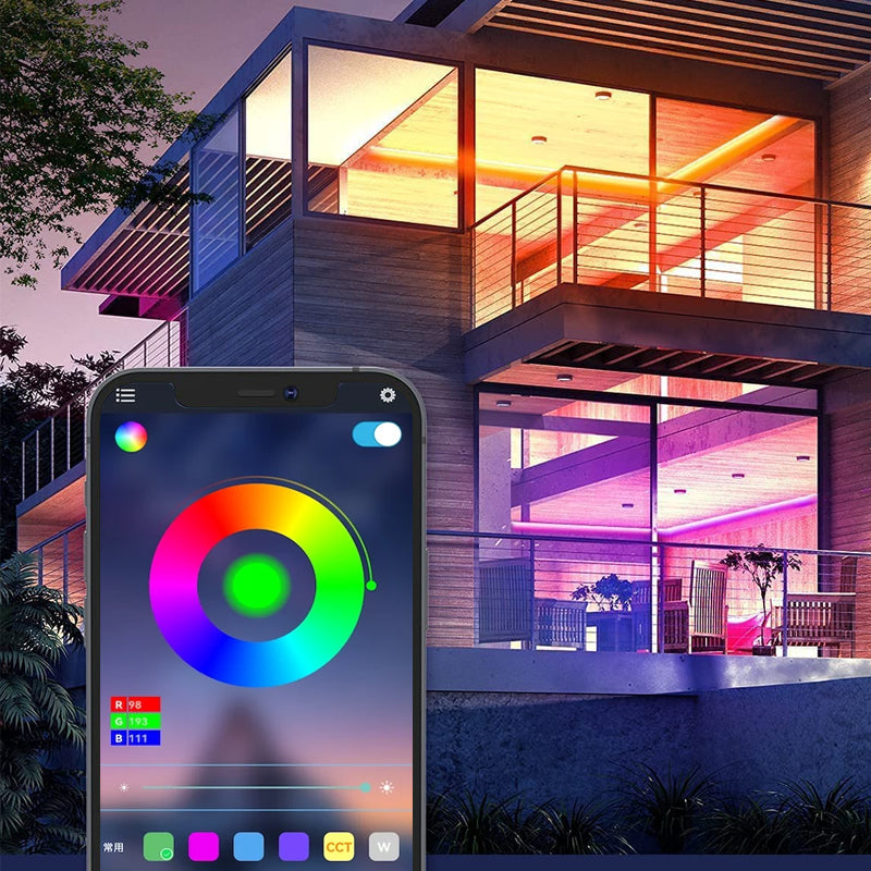 "Fjärrstyrd LED-ljusremsa för hem och trädgård, mångsidig belysning, enkel installation, stämningsfull inomhus och utomhus."