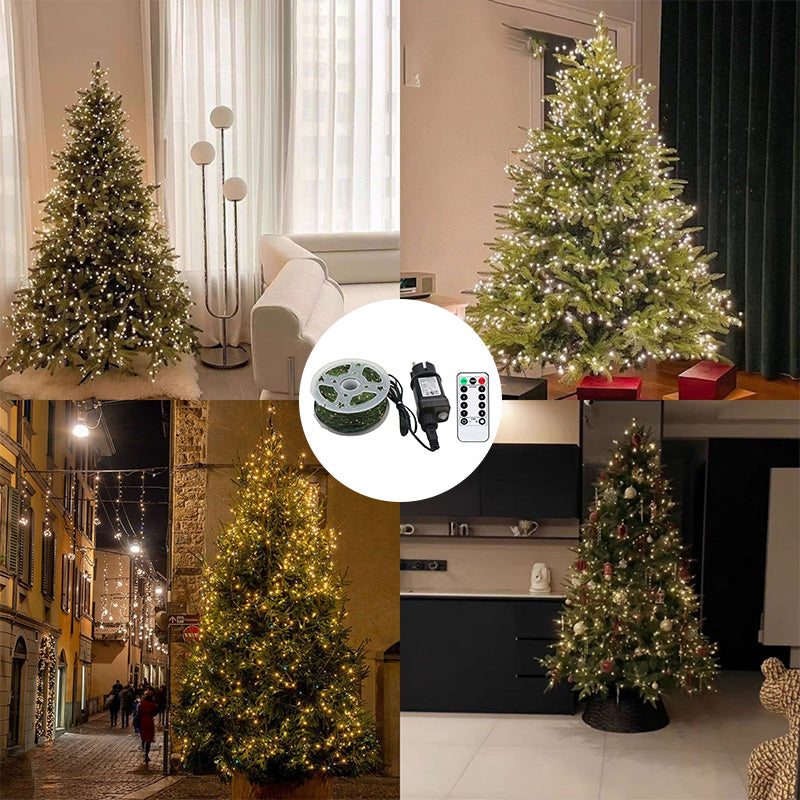 "Fjärrstyrt LED-julgransljusband med stjärnhimmel, blinkande stjärnor på flexibel tråd, skapar magisk julbelysning."