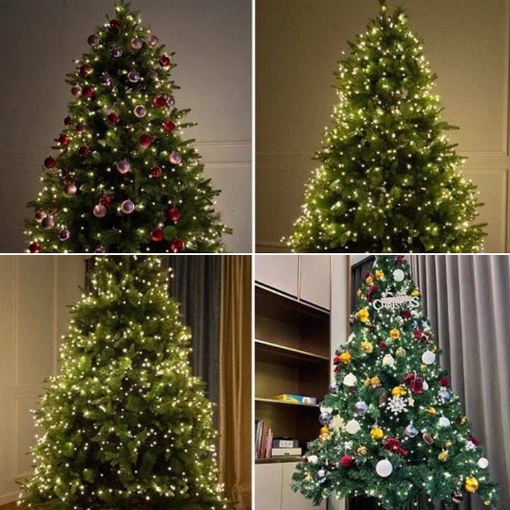 "Fjärrstyrt LED-julgransljusband med stjärnhimmel, blinkande stjärnor på flexibel tråd, skapar magisk julbelysning."