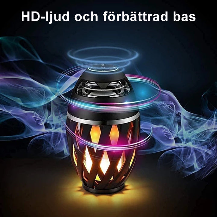 Flamhögtalare med flammeffekt, vattentät IP65, svart design, bärbar Bluetooth-högtalare för utomhusbruk och fest.