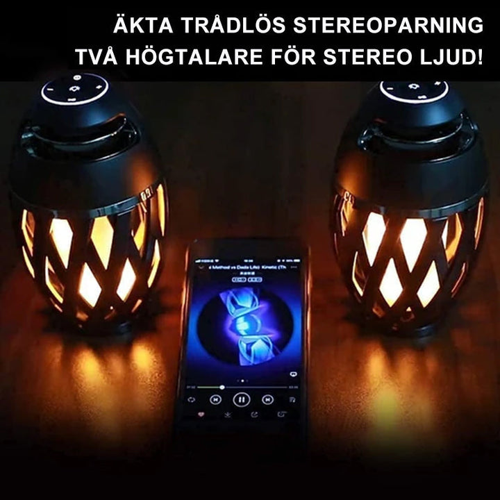 Flamhögtalare med flammeffekt, vattentät IP65, svart design, bärbar Bluetooth-högtalare för utomhusbruk och fest.
