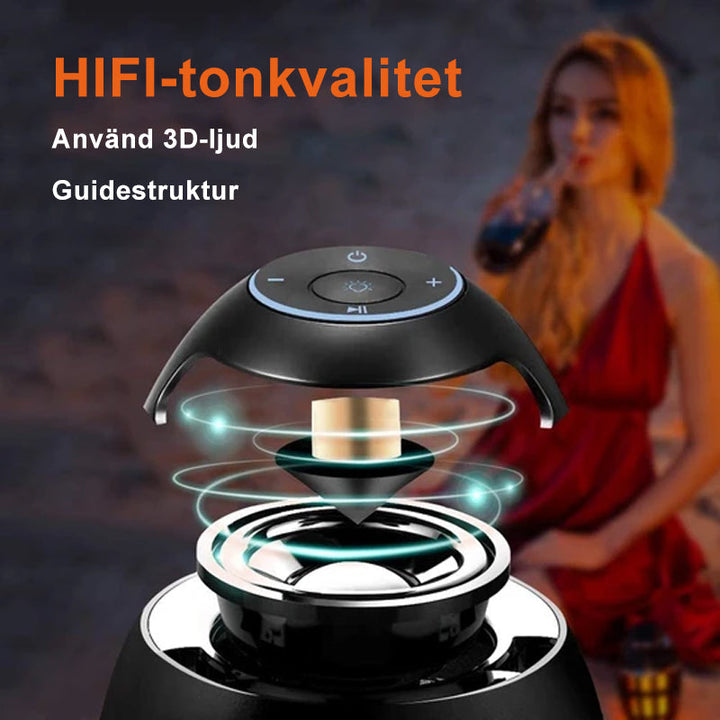 Flamhögtalare med flammeffekt, vattentät IP65, svart design, bärbar Bluetooth-högtalare för utomhusbruk och fest.