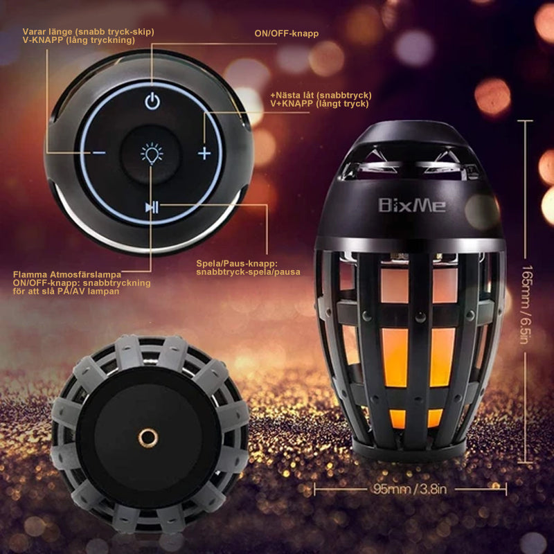 Flamhögtalare med flammeffekt, vattentät IP65, svart design, bärbar Bluetooth-högtalare för utomhusbruk och fest.