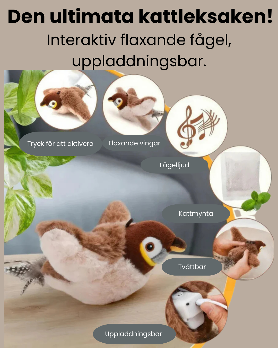 Uppladdningsbar elektrisk Flappy Fågel kattleksak. Interaktiv plyschfågel som triggar jaktinstinkt hos innekatter.