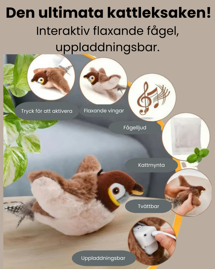 Uppladdningsbar elektrisk Flappy Fågel kattleksak. Interaktiv plyschfågel som triggar jaktinstinkt hos innekatter.