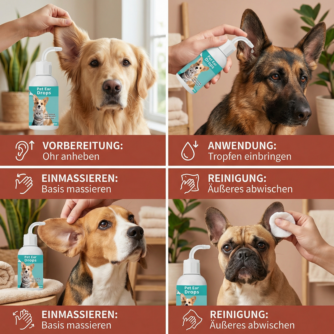 Glad hund efter naturlig öronrengöring. Skonsam djurvård som förebygger klåda och främjar öronhälsa.