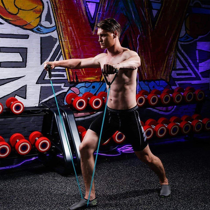"Flera träningsband i färger, naturlig latex, multi-resistans 5-30 LB, anti-glid skumhandtag, sport och fitness."
