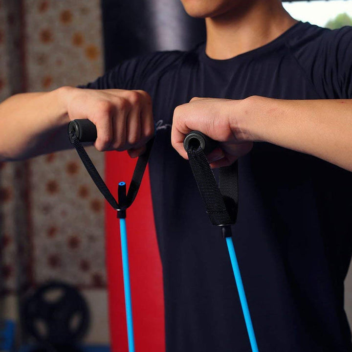 "Flera träningsband i färger, naturlig latex, multi-resistans 5-30 LB, anti-glid skumhandtag, sport och fitness."