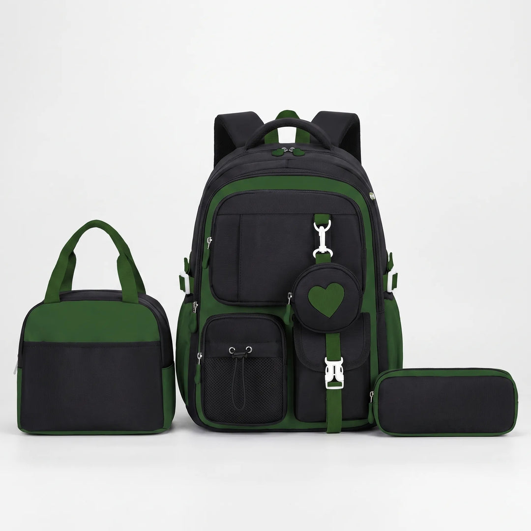 Snygg ungdomsryggsäck i geometrisk stil, tillverkad av slitstark nylon för dagligt bruk i skolan.