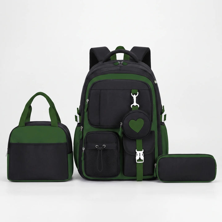 Snygg ungdomsryggsäck i geometrisk stil, tillverkad av slitstark nylon för dagligt bruk i skolan.