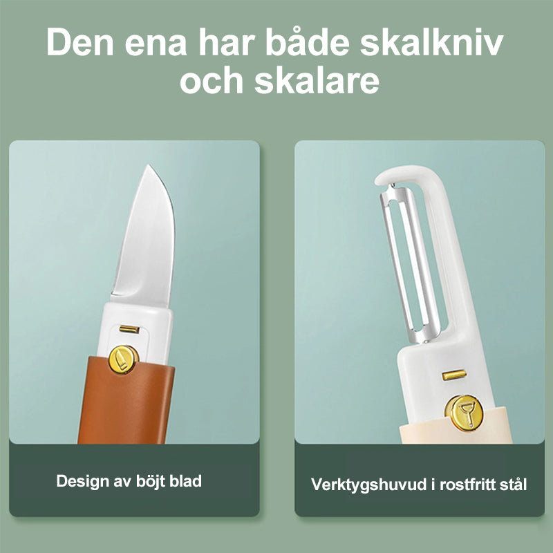 "Flerfärgad 2-i-1 grönsaksskärare i rostfritt stål för köket, med skär- och skalfunktion, i grönt, orange, grått."