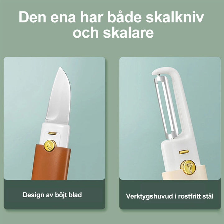 "Flerfärgad 2-i-1 grönsaksskärare i rostfritt stål för köket, med skär- och skalfunktion, i grönt, orange, grått."