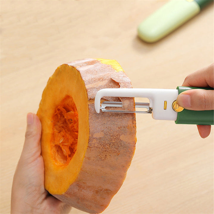 "Flerfärgad 2-i-1 grönsaksskärare i rostfritt stål för köket, med skär- och skalfunktion, i grönt, orange, grått."