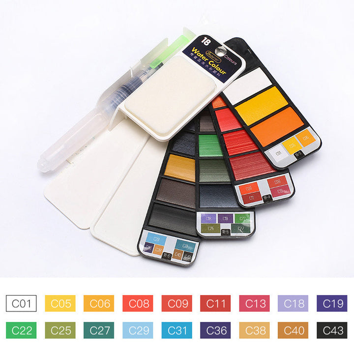 "Flerfärgad gouache-pigmentpalett med pensel och avtagbar svamp i kompakt format för konstnärlig kreativitet"