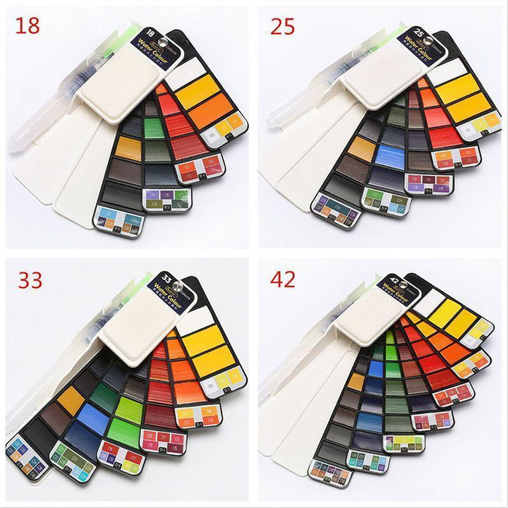 "Flerfärgad gouache-pigmentpalett med pensel och avtagbar svamp i kompakt format för konstnärlig kreativitet"