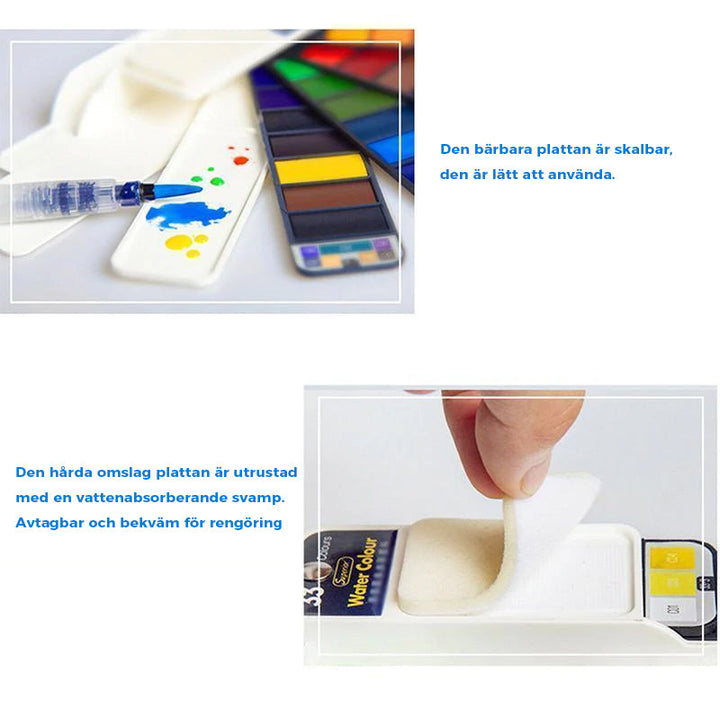 "Flerfärgad gouache-pigmentpalett med pensel och avtagbar svamp i kompakt format för konstnärlig kreativitet"