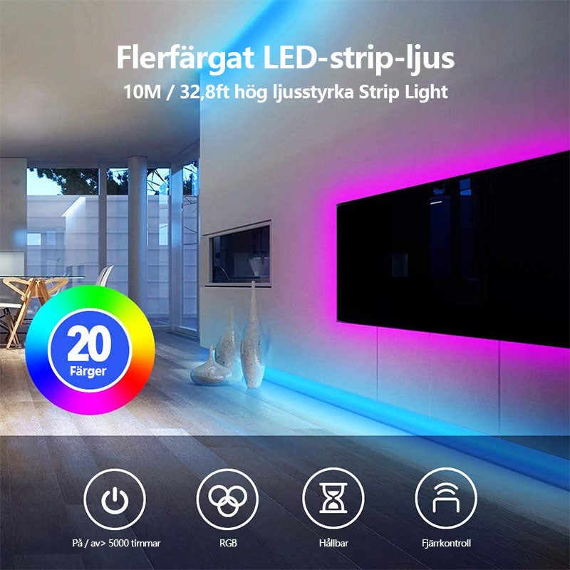 Flerfärgad LED-ljusslinga med fjärrkontroll, dekorativ utomhusbelysning, justerbara ljus- och färginställningar.