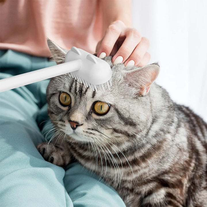 "Flerfärgad massageborste för katter med långt skaft, idealisk för grooming och pälsvård, tillverkad av säkert silikon."