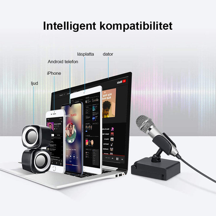 "Flerfärgad mini mikrofon med högkvalitativt ljud, kompakt design, plug & play, finns i guld, blå, röd, silver, svart."