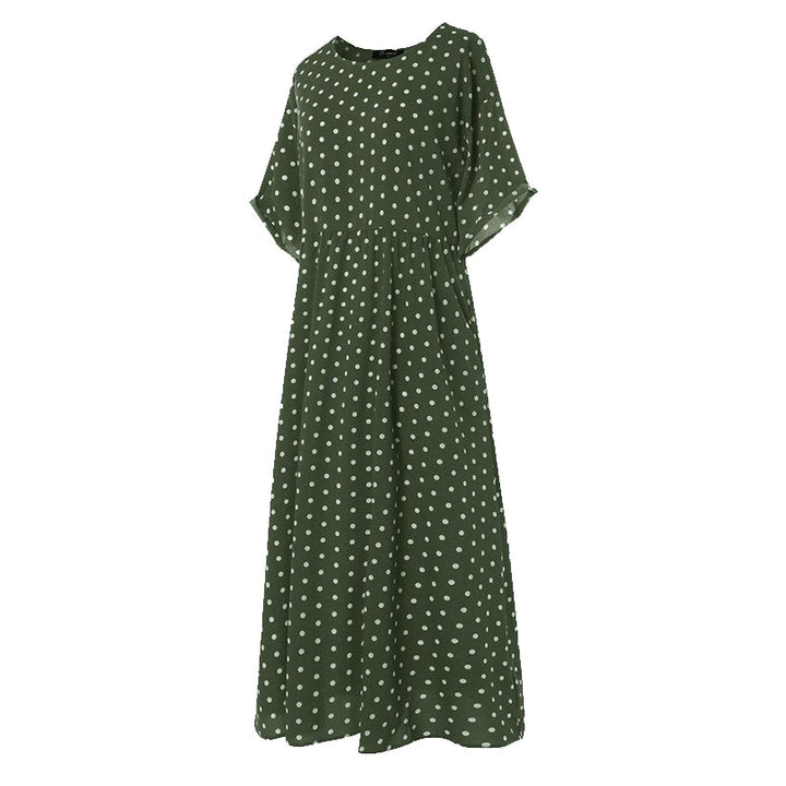 Flerfärgad prickig klänning för damer med rund hals, maxi-längd, i bomull. Perfekt för vår och sommar.