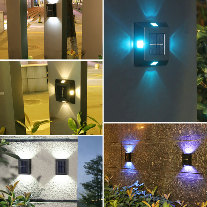 "Flerfärgad vattentät solcellsvägglampa för utomhusbruk, modern design, tre ljusfärger, IP65, energisnål belysning."