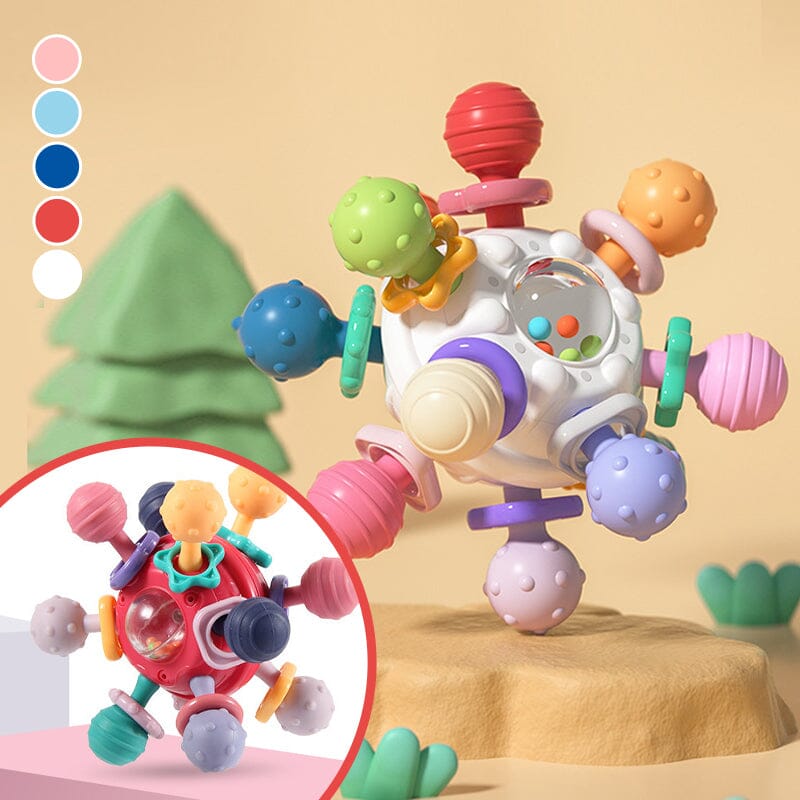 Flerfärgade babyleksaker med tandvänlig design, atomform och texturerade tuggpunkter för sensorisk stimulans.