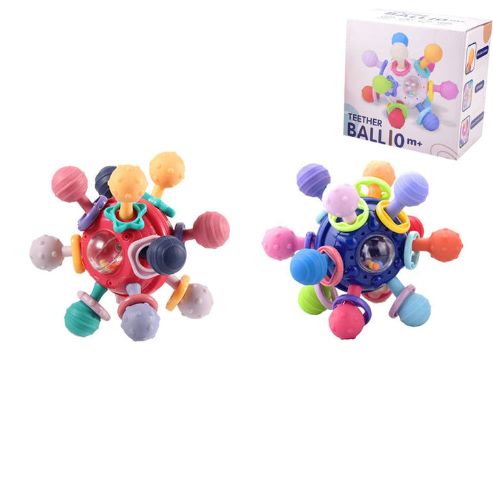 Flerfärgade babyleksaker med tandvänlig design, atomform och texturerade tuggpunkter för sensorisk stimulans.