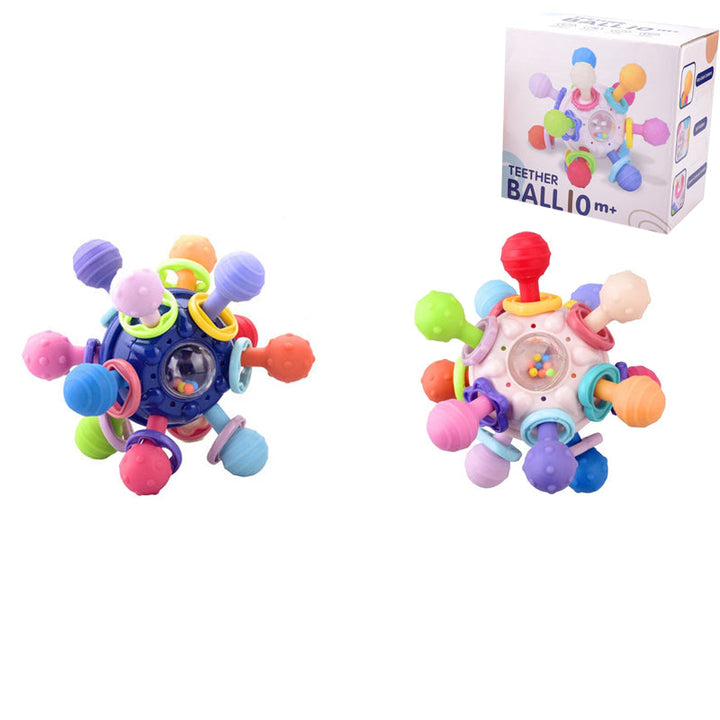 Flerfärgade babyleksaker med tandvänlig design, atomform och texturerade tuggpunkter för sensorisk stimulans.