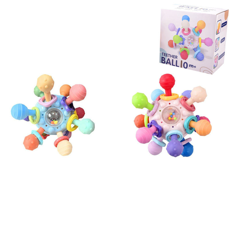 Flerfärgade babyleksaker med tandvänlig design, atomform och texturerade tuggpunkter för sensorisk stimulans.