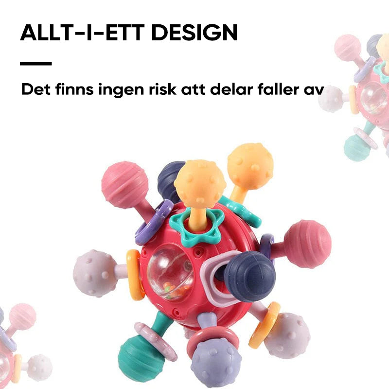 Flerfärgade babyleksaker med tandvänlig design, atomform och texturerade tuggpunkter för sensorisk stimulans.