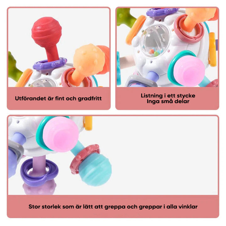 Flerfärgade babyleksaker med tandvänlig design, atomform och texturerade tuggpunkter för sensorisk stimulans.