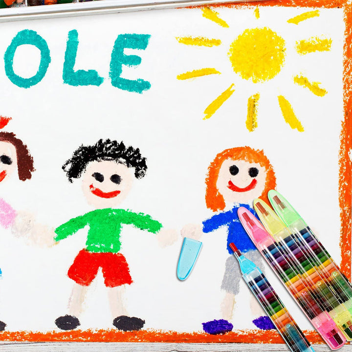 "Flerfärgade kritor 20-i-1, staplade för kreativt bruk, för barn. Perfekt för teckning, skrivning, och konst."