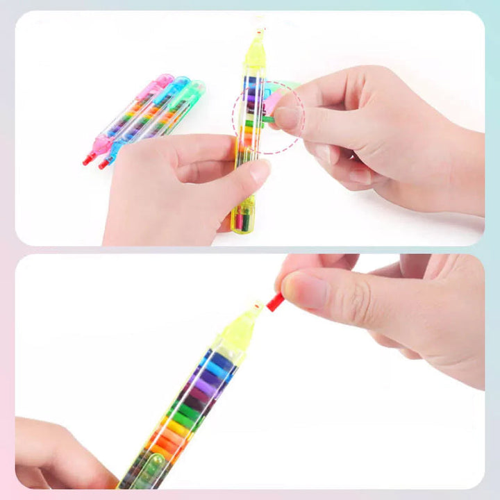 "Flerfärgade kritor 20-i-1, staplade för kreativt bruk, för barn. Perfekt för teckning, skrivning, och konst."