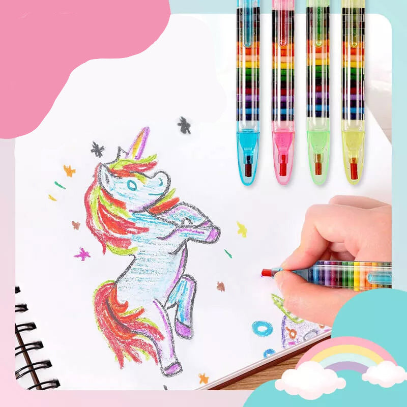 "Flerfärgade kritor 20-i-1, staplade för kreativt bruk, för barn. Perfekt för teckning, skrivning, och konst."